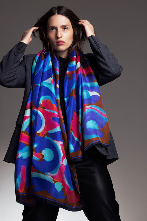 Printed long rectangular silk scarf with abstract florals