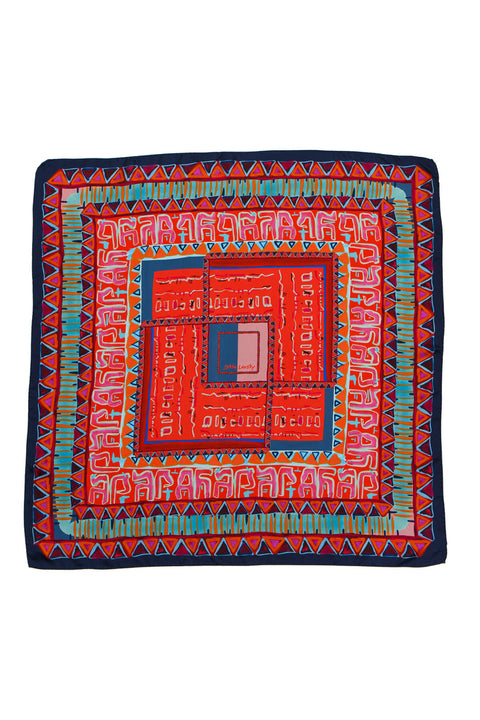 Printed square silk twill scarf, Re-Phrase bold red ethnic foulard