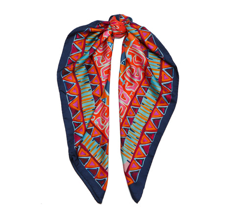 Printed square silk twill scarf, Re-Phrase bold red ethnic foulard