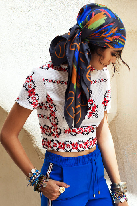 Printed square silk scarf made from luxurious twill