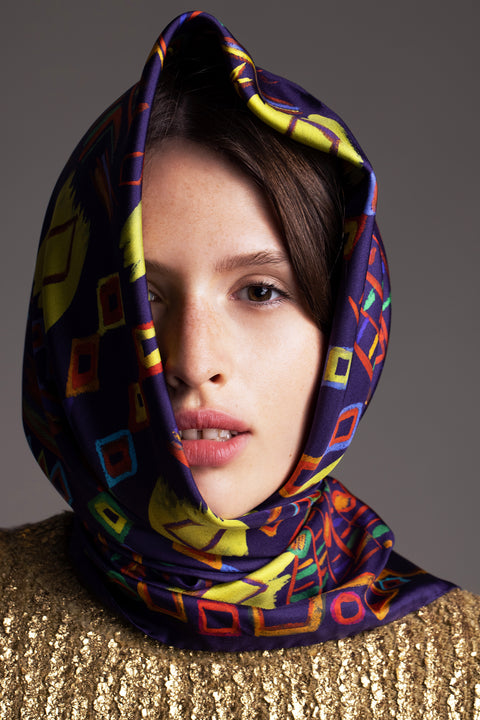 Printed square silk scarf with ethnic inspired design