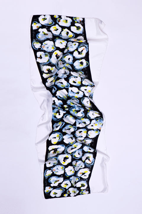 Floral abstract scarf in black, white and neon yellow. Rectangular designer silk twill scarf