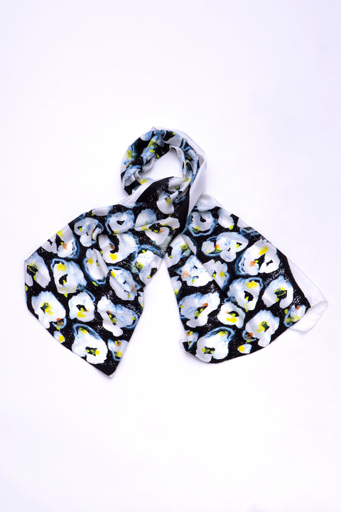 Floral abstract scarf in black, white and neon yellow. Rectangular designer silk twill scarf
