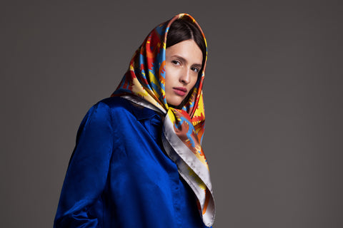 Printed multicolored square silk scarf