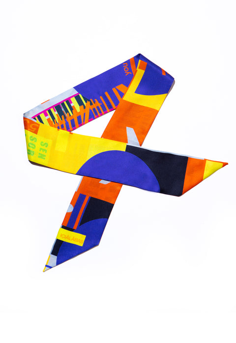 Printed skinny scarf made from silk twill ,Long and narrow multicolored scarf with diagonal edges