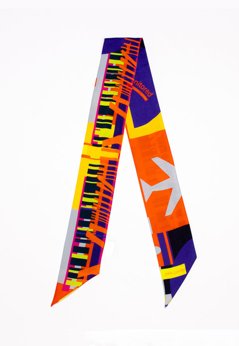 Printed skinny scarf made from silk twill ,Long and narrow multicolored scarf with diagonal edges