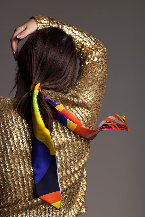 Printed skinny scarf made from silk twill ,Long and narrow multicolored scarf with diagonal edges