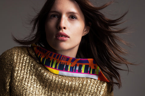 Printed skinny scarf made from silk twill ,Long and narrow multicolored scarf with diagonal edges