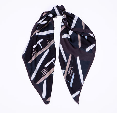 Printed square silk medium sized scarf in Black, White and Taupe.