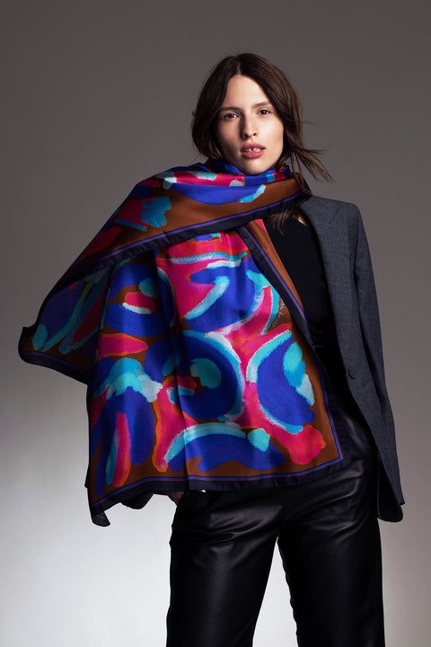 Printed long rectangular silk scarf with abstract florals