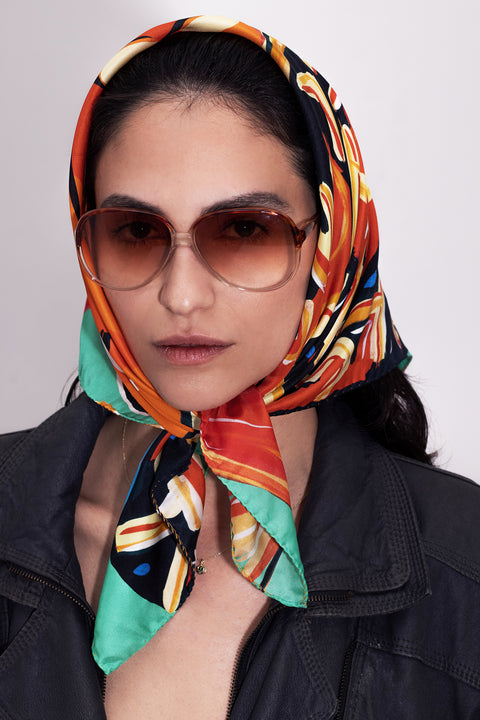 Printed small silk twill scarf, Multicolored designer head scarf