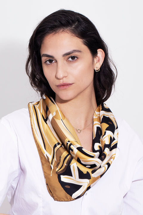 Printed silk head scarf, Small square elegant foulard, Sepia, Black, White