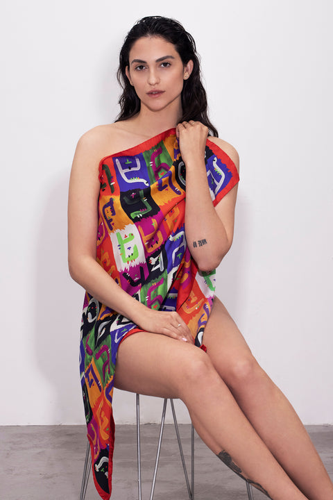 Printed square silk scarf in vibrant colors, Original designer Gibberish printed scarf, Made in Italy