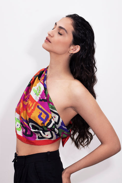 Printed square silk scarf in vibrant colors, Original designer Gibberish printed scarf, Made in Italy