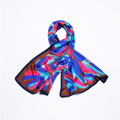 Printed long rectangular silk scarf with abstract florals