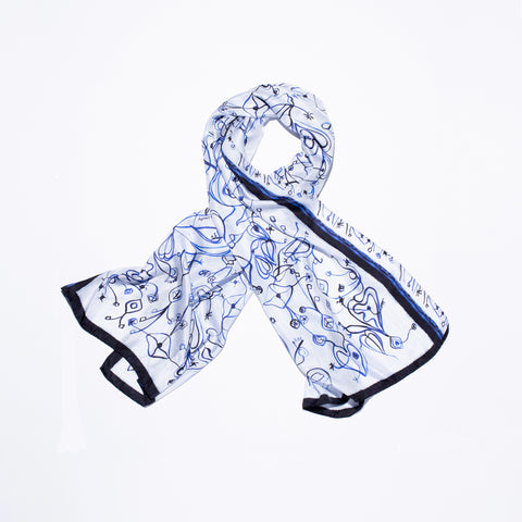 Printed rectangle silk scarf in white and blue