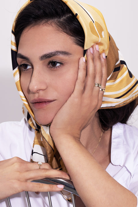 Printed silk head scarf, Small square elegant foulard, Sepia, Black, White