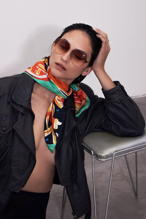 Printed small silk twill scarf, Multicolored designer head scarf