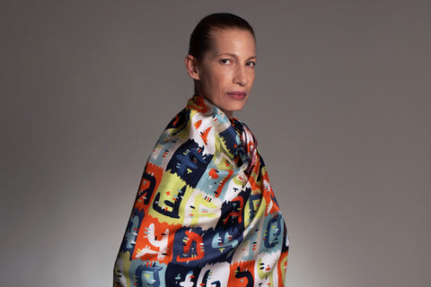Printed square silk twill scarf in rose