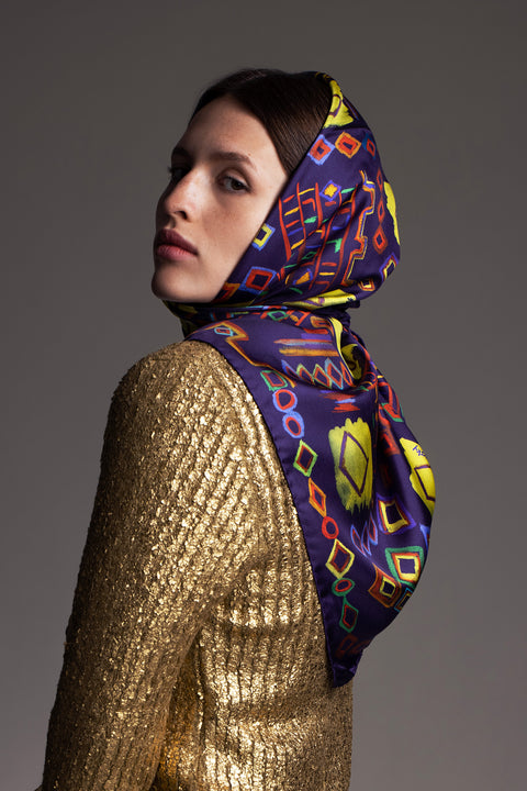 Printed square silk scarf with ethnic inspired design