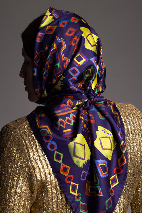 Printed square silk scarf with ethnic inspired design