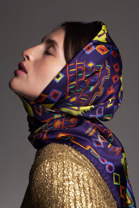 Printed square silk scarf with ethnic inspired design