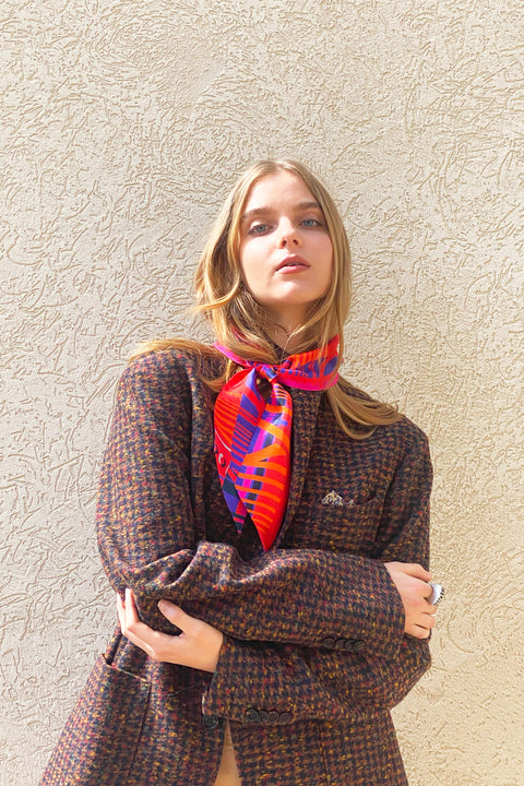 Narrow shape barcode printed silk scarf scarf in vibrant red and purple and diagonal edges