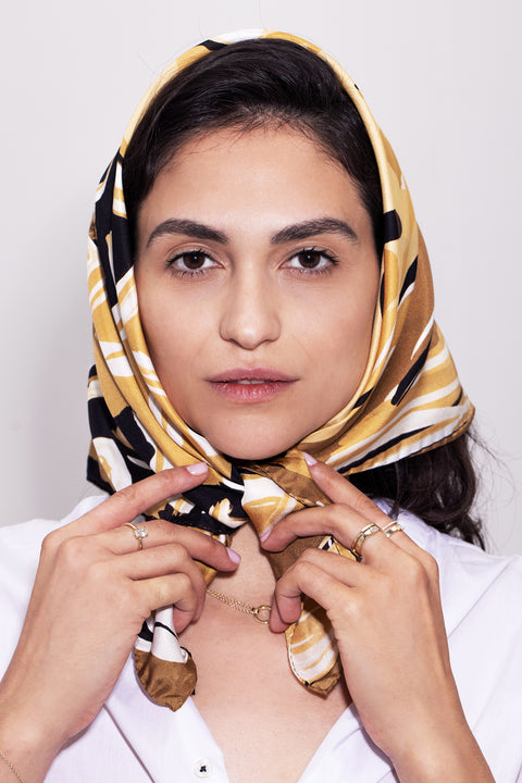 Printed silk head scarf, Small square elegant foulard, Sepia, Black, White