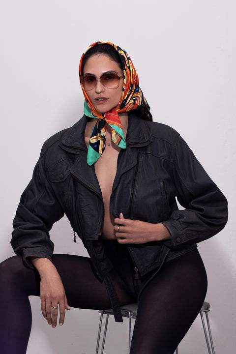 Printed small silk twill scarf, Multicolored designer head scarf