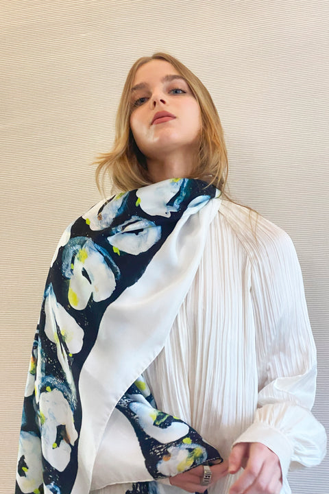 Floral abstract scarf in black, white and neon yellow. Rectangular designer silk twill scarf
