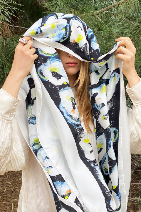 Floral abstract scarf in black, white and neon yellow. Rectangular designer silk twill scarf