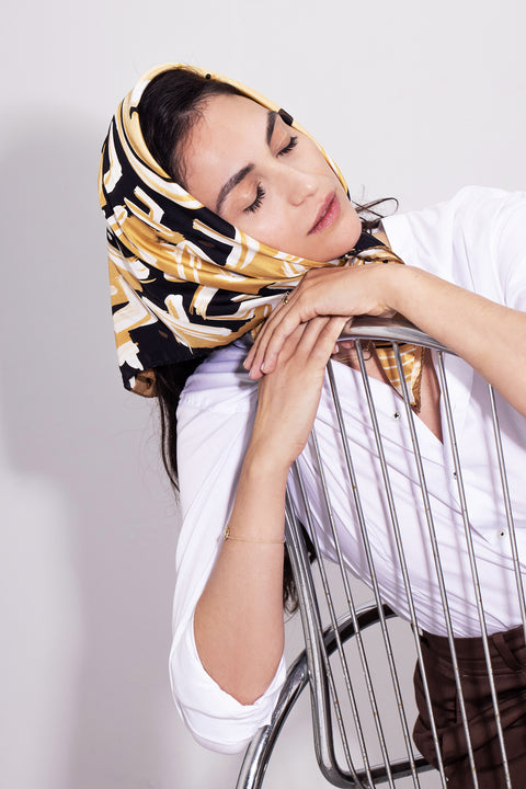 Printed silk head scarf, Small square elegant foulard, Sepia, Black, White