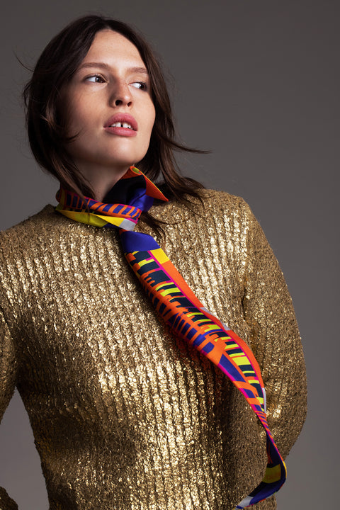 Printed skinny scarf made from silk twill ,Long and narrow multicolored scarf with diagonal edges