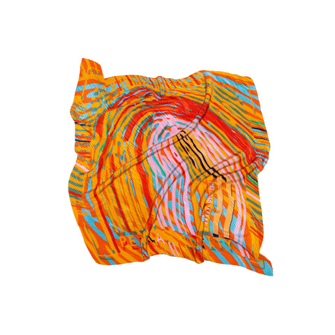 Printed Plisse silk scarf in vibrant colors, Finger Print pleated scarf in orange by Dikla Levsky for Icialabas