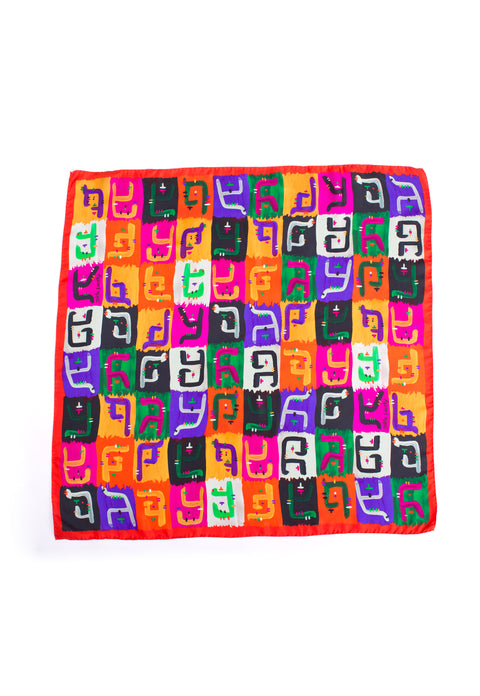 Printed square silk scarf in vibrant colors, Original designer Gibberish printed scarf, Made in Italy