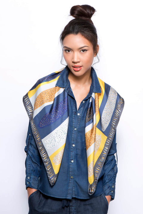Ihlosi square silk scarf in grey and ochre