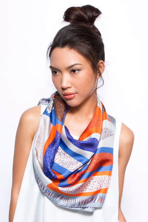 Square Scarf, Silk Scarf, Printed Scarf, Foulard Soie, Orange Scarf