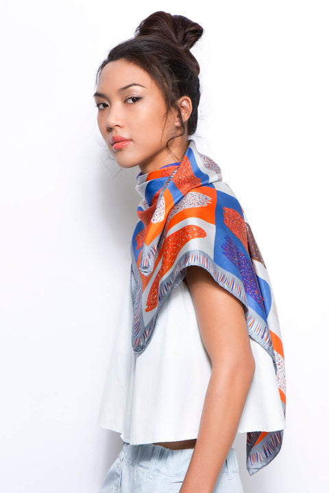 Printed Scarf, Silk Scarf, Square Scarf, Square Silk Scarf, Orange Scarf