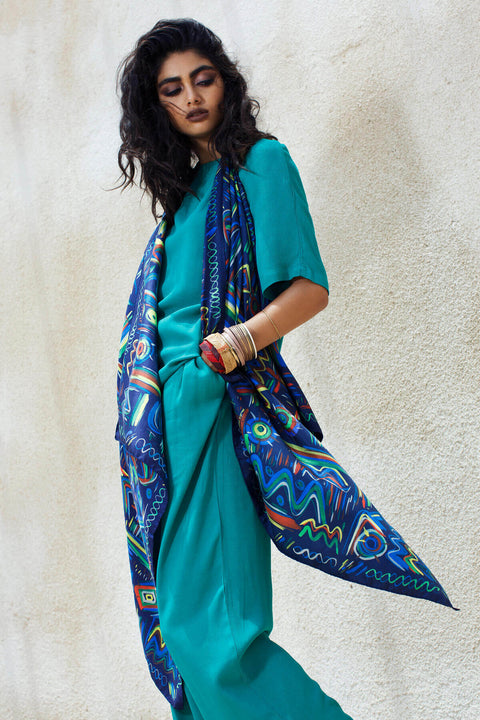 printed silk scarf, blue ethnic square scarf by dikla levsky