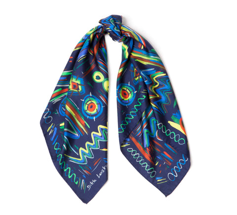 printed silk scarf, square blue ethnic scarf, designer scarf by dikla levsky, blue, yellow, green