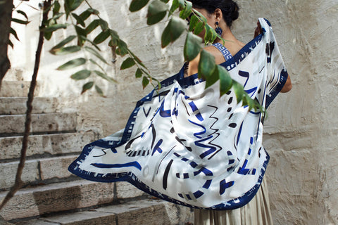 indigo and white oblong silk scarf, printed scarf, silk scarf, dikla levsky, summer scarf, made in italy, printed shawl