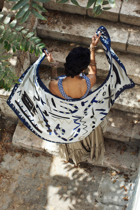 printed scarf, printed white and blue silk shawl, dikla lervsky, modern scarf, print and pattern, luxury scarves, fashion accessories, scarfr addict