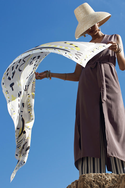 printed silk scarf, long silk scarf, dikla levsky modern print, art to wear, fashion photography, summer scarf, luxury accessories
