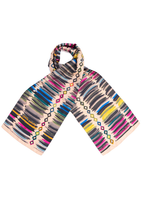 printed silk scarf, long twill scarf, made in italy, dikla levsky, stripes and diamonds scarf in powder