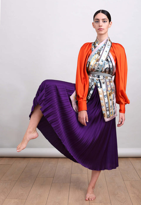 Printed silk scarf in Grey, Black, White, Brown