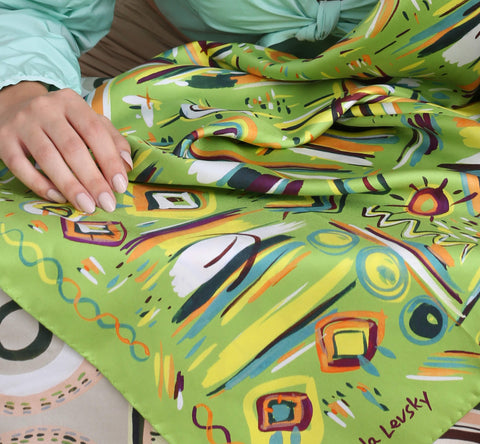 printed silk scarf, designer scarf in Lime