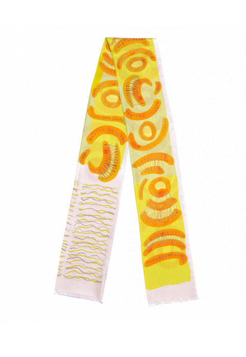 printed silk scarf in soft colors. Double sided twilly scarf by Dikla Levsky