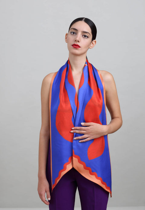 Enigma silk scarf in vibrant red and cobalt blue