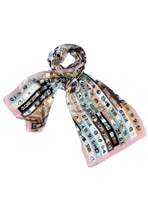 Grey hearts silk scarf, Printed satin long shawl by Dikla Levsky