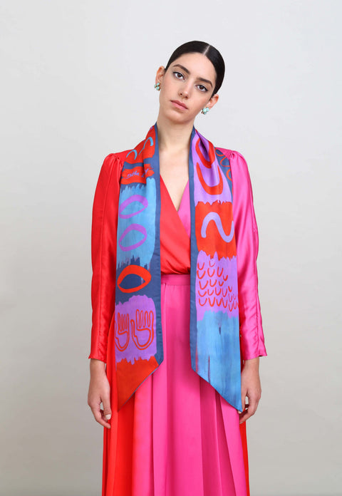 printed silk twill scarf, narrow scarf in red and purple, jaffa scarf